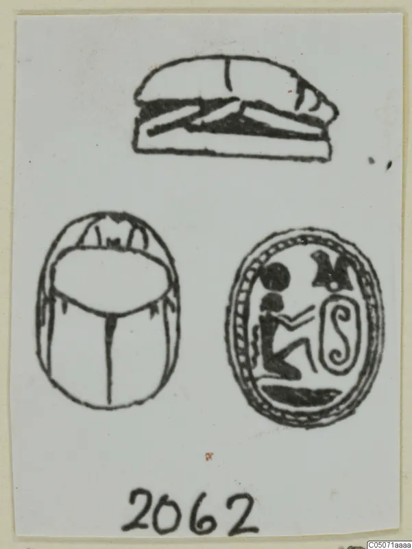 Drawing of a scarab beetle and two seal designs, one showing a small kneeling figure beside a spiral sign