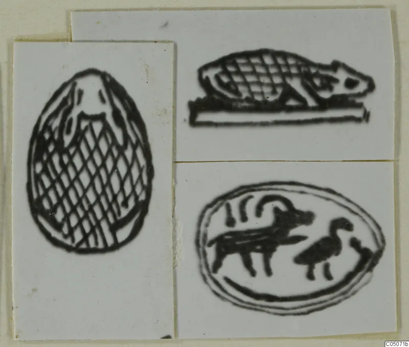Drawn impressions of three seal designs on white card: a crosshatched oval, a recumbent animal, and an animal with a bird.