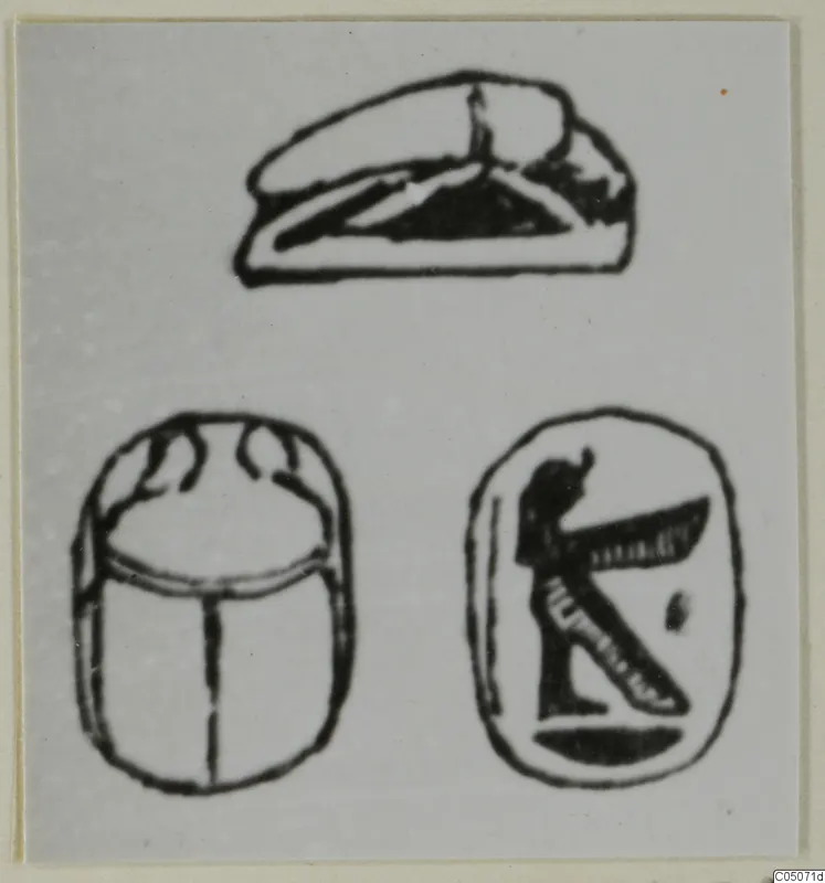 Drawing of three objects: a side-view shape, a scarab beetle, and an oval seal face with a standing figure.