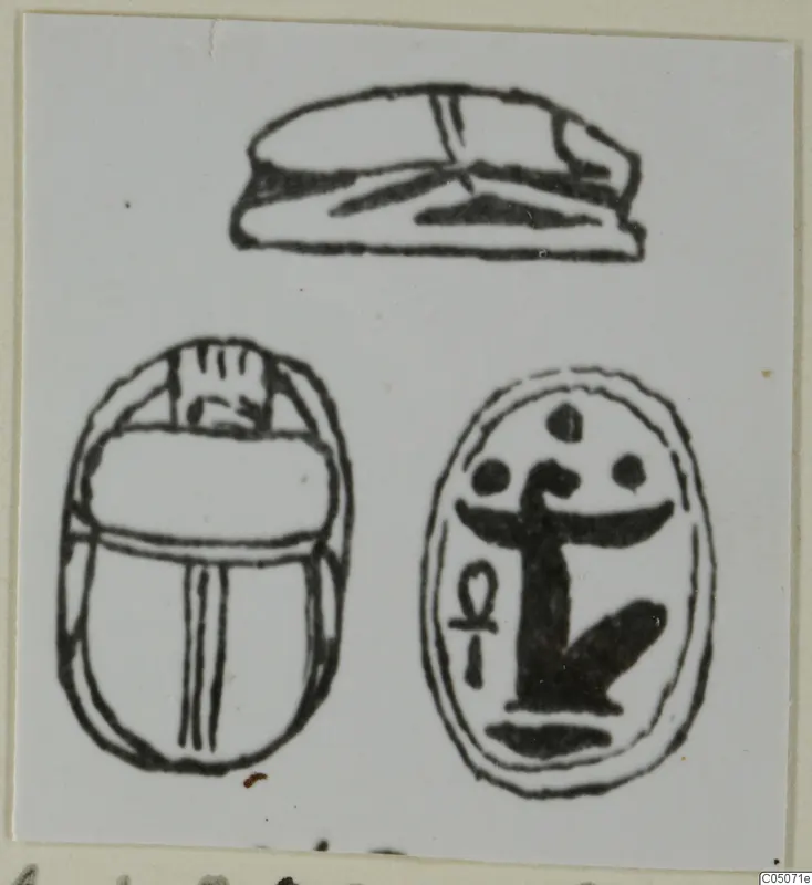 Drawing of a scarab and two other seal-gems from Ayia Irini, shown in side and face views