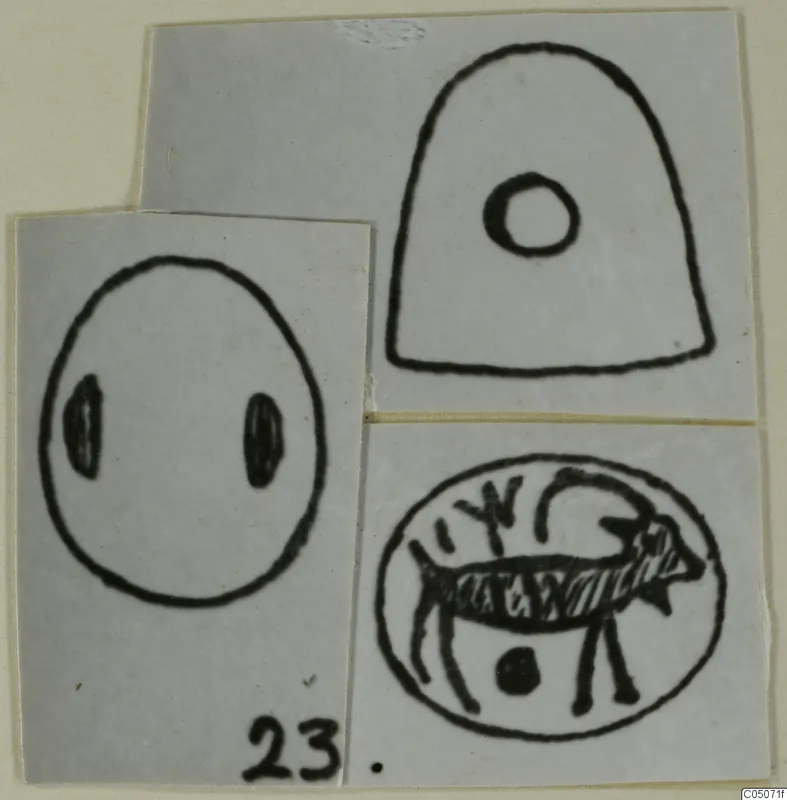 Drawings of three seal designs on paper cards: an oval with two marks, a dome shape with a ring, and an animal in an oval.