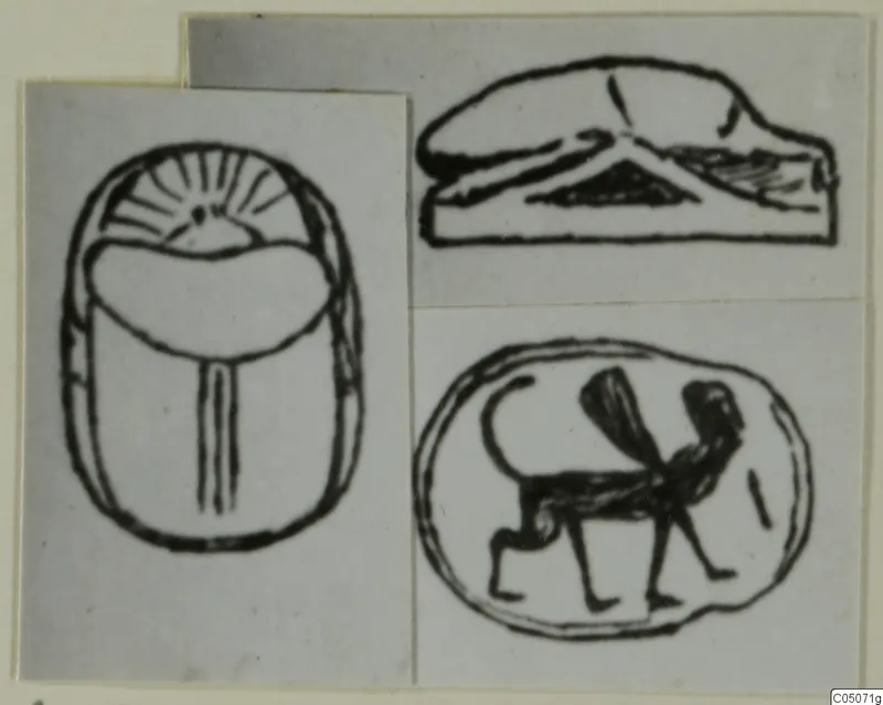 Drawings of three seals: an upright scarab, a low recumbent animal shape and a standing creature on an oval seal