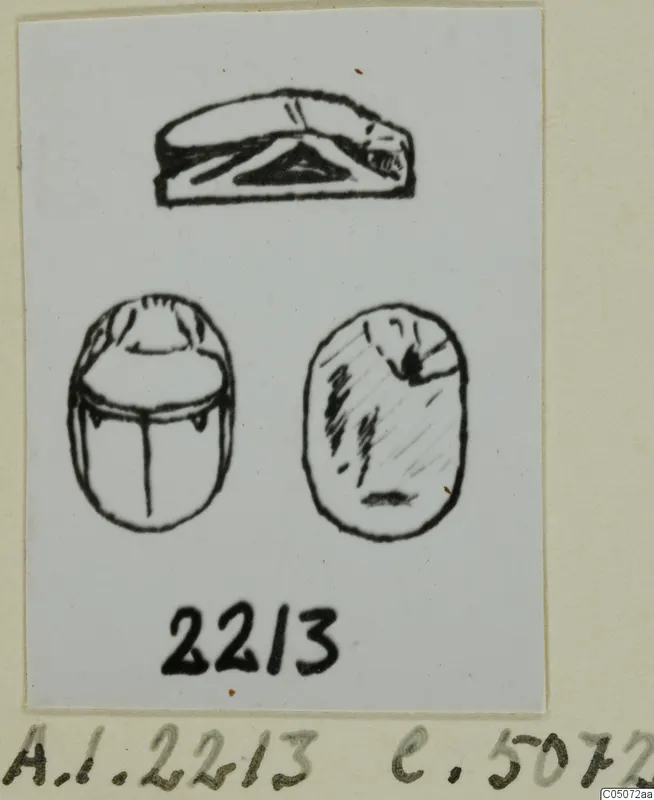 Ink drawing of a scarab seal from Ayia Irini, showing its domed back and flat base with a sketched design
