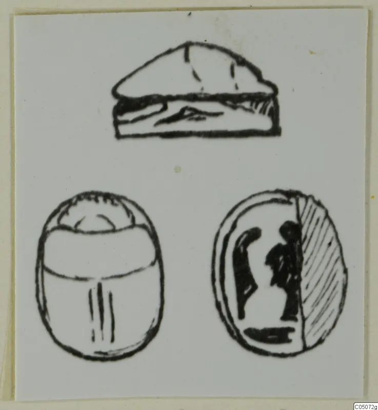 Drawing of a scarab seal in three views, its flat base showing two figures in profile