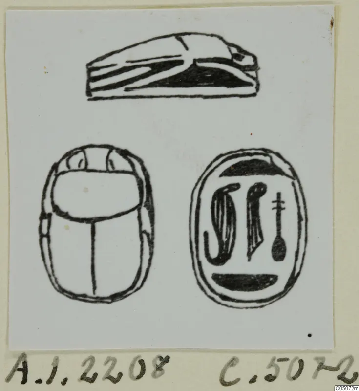 Drawing of a scarab seal from Ayia Irini, shown from the side, from the back and with its flat base