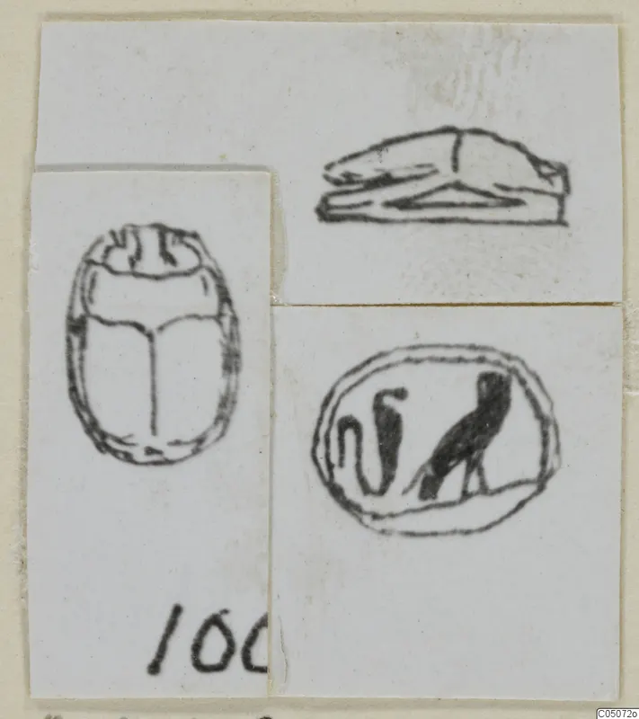 Sketches of a scarab beetle, a recumbent animal form and an oval seal with a bird figure