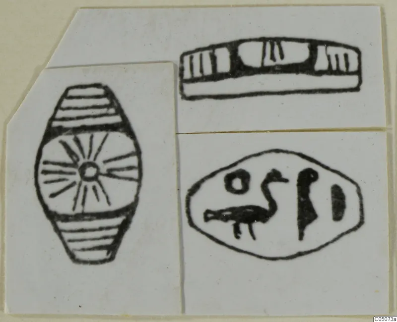 Drawing of three seals from Ayia Irini: a scarab-shaped seal with radiating lines, a long seal, and an oval seal with a bird