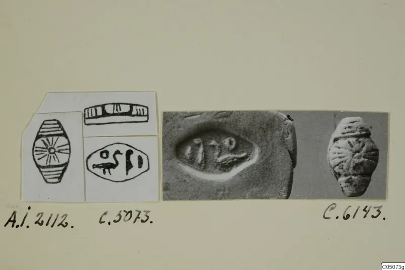 Drawings and photographs of seals and gems from Ayia Irini, mounted on a card
