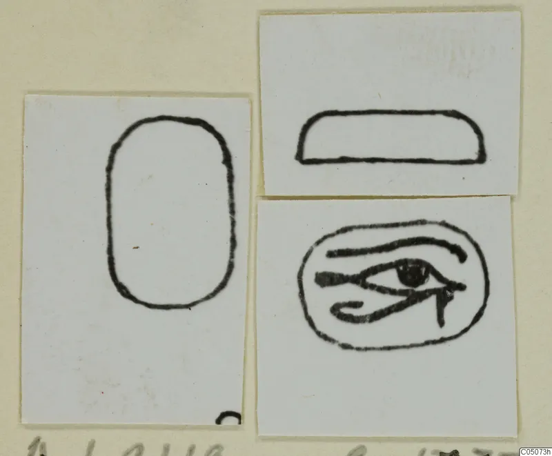Ink drawings of three seal or scarab designs on mounted cards: a tall rounded outline, a flat oval and an eye-shaped sign.