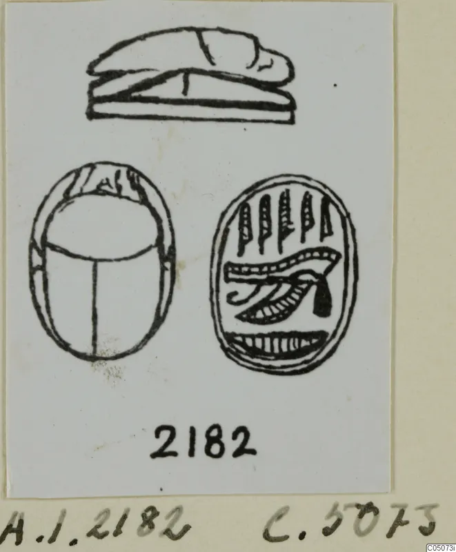 Drawing of a scarab seal in three views, with an eye-like motif and vertical strokes engraved on its flat base