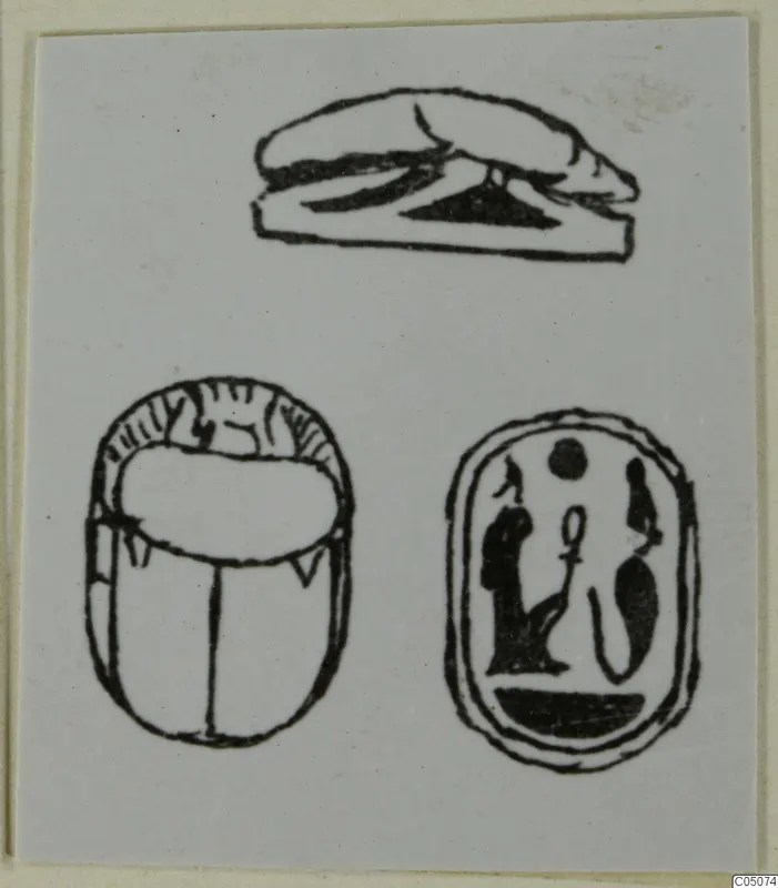 Drawing of three seal-type objects: a low recumbent animal in side view, a scarab from above, and an oval seal face with figures.