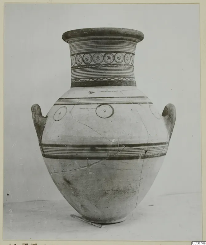 Pottery White Painted IV: two-handled jar with painted bands and concentric circles