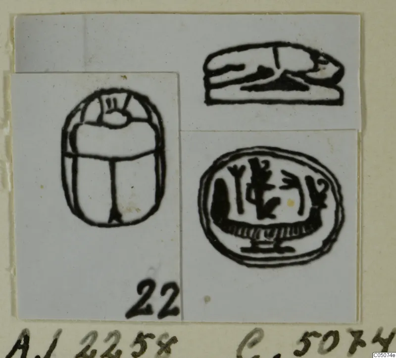 Line drawings of three seals: a scarab seen from above, a recumbent animal, and an oval seal with signs