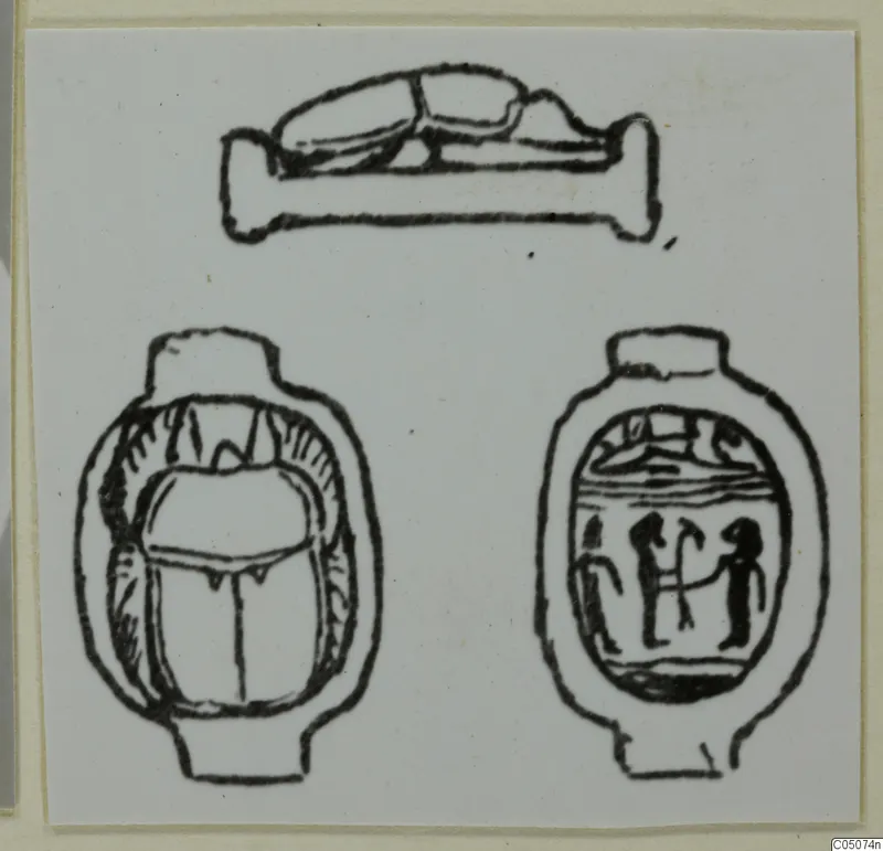 Ink drawing of a scarab-shaped seal in three views, with two standing figures engraved on its flat base