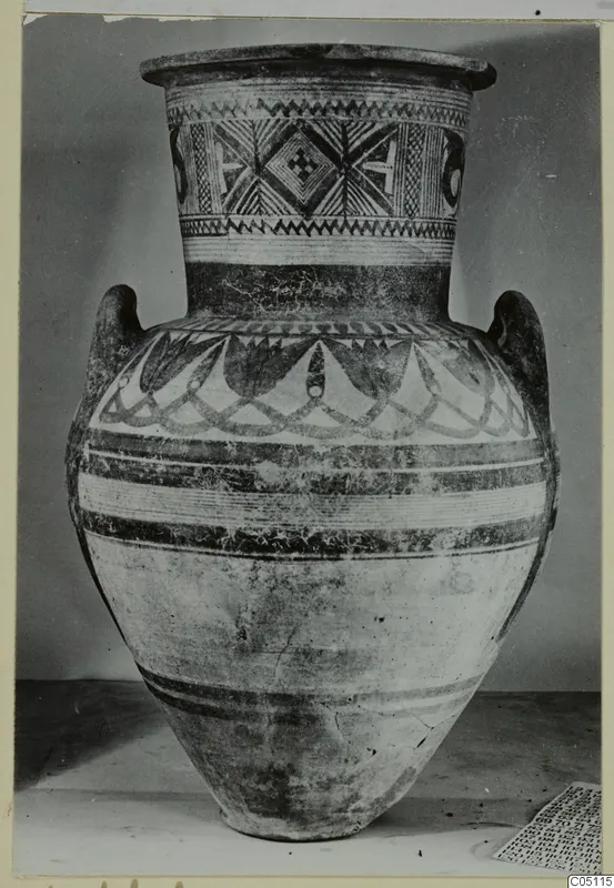 Pottery Bichrome IV, amphora-crater: a large two-handled vessel with painted bands and geometric motifs on the neck and shoulder
