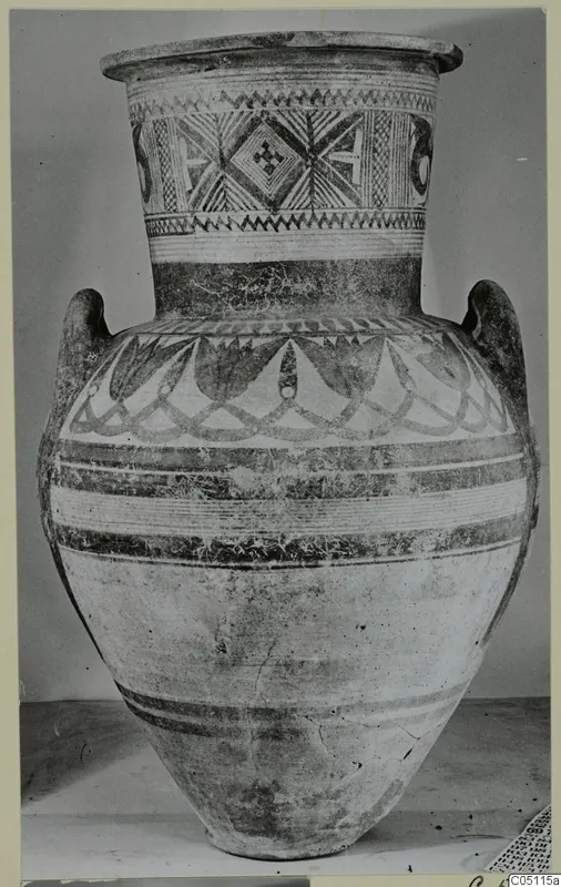 Large painted pottery amphora-crater with two handles, banded and geometric decoration on the body and neck.