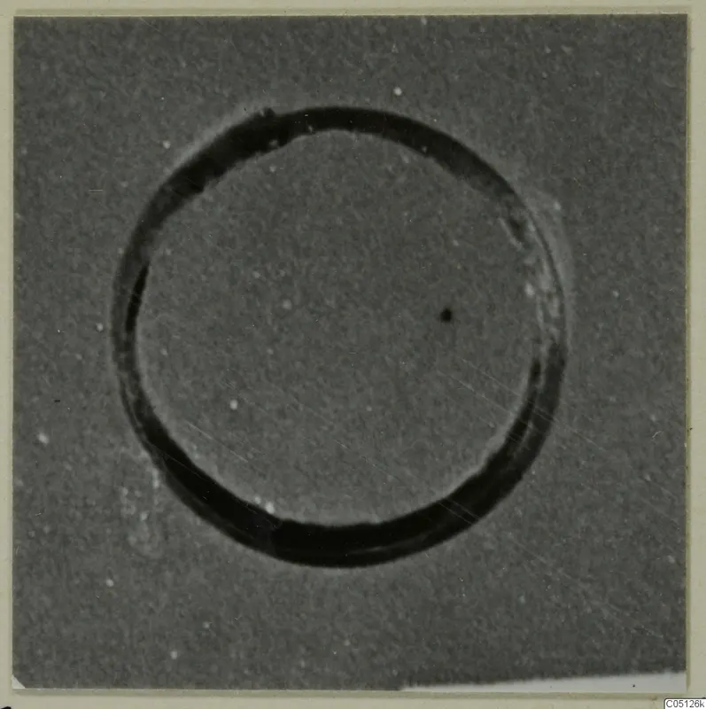 Gold ring photographed against a plain grey background, shown as a dark circular band