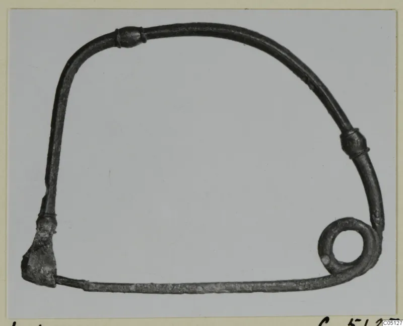 Bent metal wire object, dark and corroded, forming an open rounded frame with a closed loop at lower right
