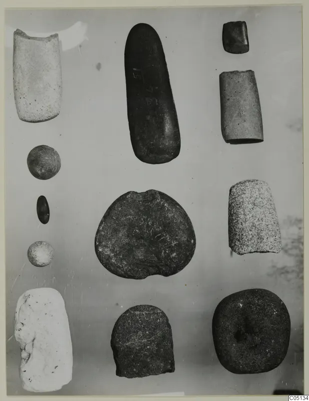 Stone objects from Petra Tou Limniti, tools and pebbles laid out in rows on a pale background