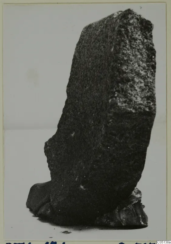 Dark stone fragment from Petra tou Limniti, photographed upright against a plain background.