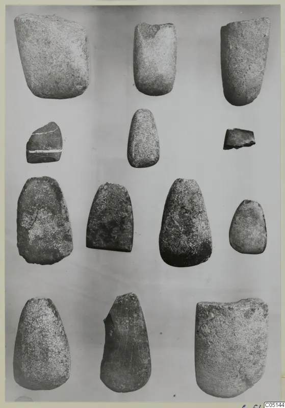 Thirteen stone implements from the Neolithic Settlement, Kythrea and Lapithos, arranged in four rows on a grey background