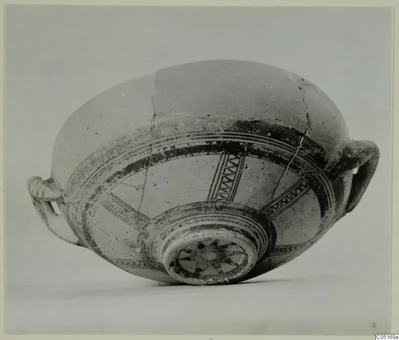 White Painted I bowl from Lapithos with two side handles, painted bands and radiating zigzag panels
