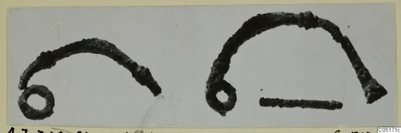 Bronze personal adornment with a loop: two corroded curved metal pieces, one ending in a small ring, on a grey card