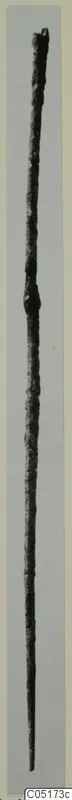 Long, thin corroded bronze tool photographed upright against a grey background