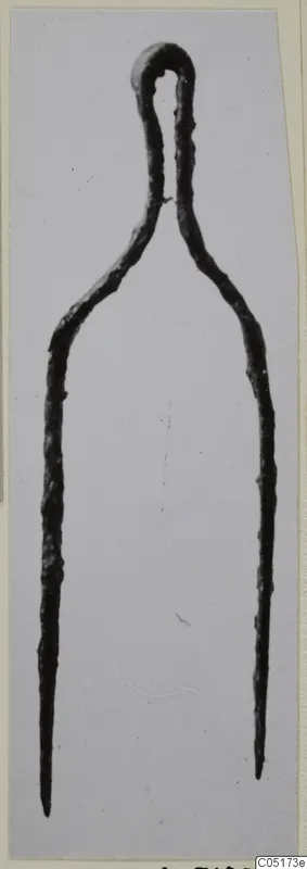 Bronze tweezers with a looped top and two long tapering arms, shown against a pale grey background.