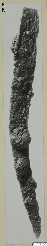 Long, narrow, heavily corroded iron tool, tapering to a point at its lower end.