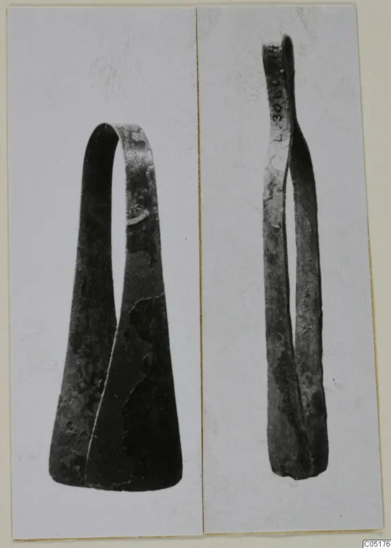 Two bronze tweezers from Lapithos, shown in separate photographs side by side on a card mount