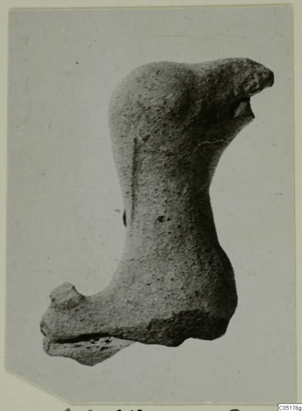Fragment of a terracotta animal figurine, photographed on a pale card mount.