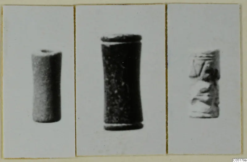 Three photographs of small cylindrical glyptic objects mounted on a card, Ayios Iakovos series