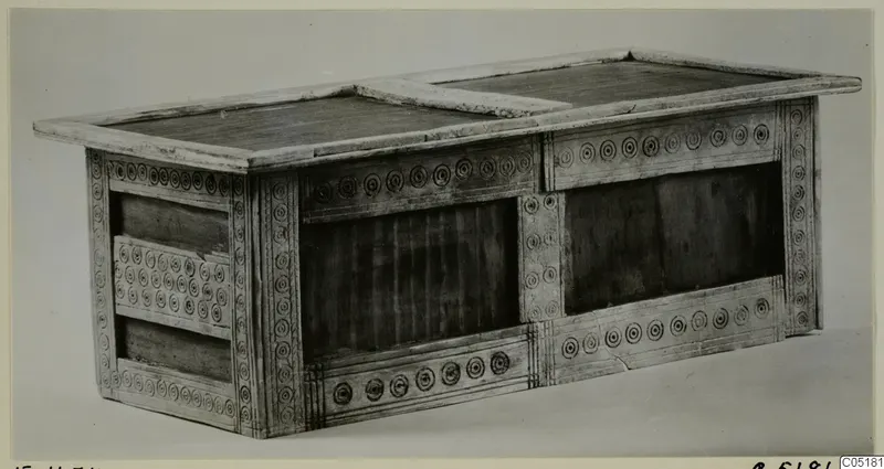 Chest of pale material with a flat lid and panels decorated with rows of concentric rings, from Enkomi