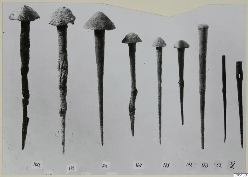 Nine corroded metal pins with conical heads, set in a row with number labels beneath them