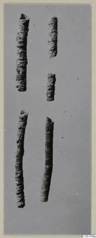Five corroded tubular bronze objects from Lapithos, Vrysi tou Barba tombs, photographed on grey card