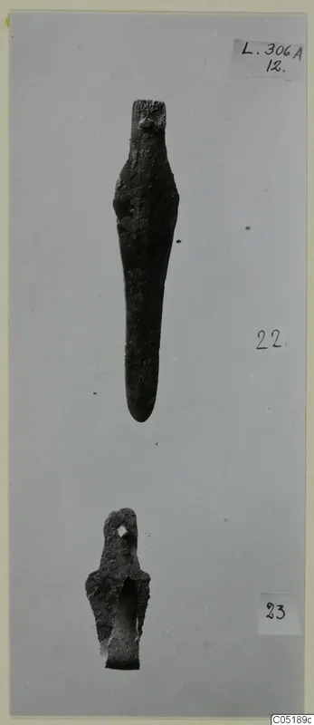 Two bronze tools from Lapithos, tomb L. 306 A, photographed against a grey background.