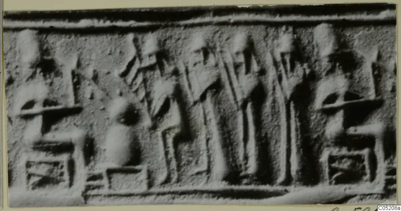 Impression of a stone seal with a row of carved figures, seated and standing, between borders