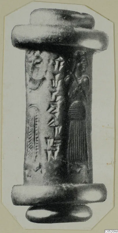 Cylinder seal standing upright, with carved wedge-shaped marks and a figure, shown on a photo mount