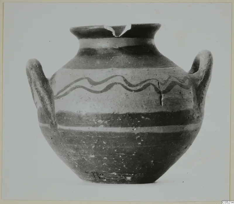 Pottery White Painted I amphora from the Kastros tombs at Lapithos, with two handles and wavy painted lines