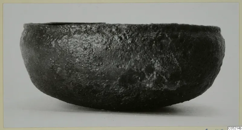 Dark, rounded bowl with a rough surface, shown from the side. Lapithos, Kastros tombs.