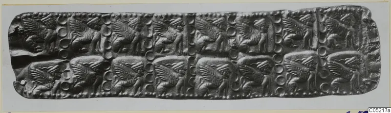 Embossed metal diadem strip with two rows of winged figures in profile, separated by circular motifs and beaded borders