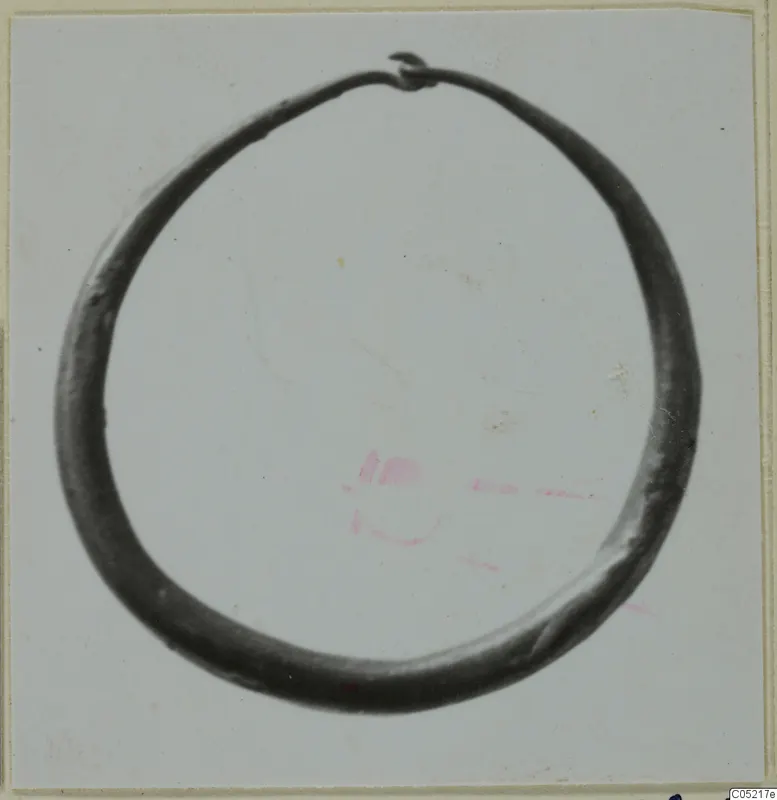 Single open ring of dark metal with a looped terminal at the top, shown on a pale card.