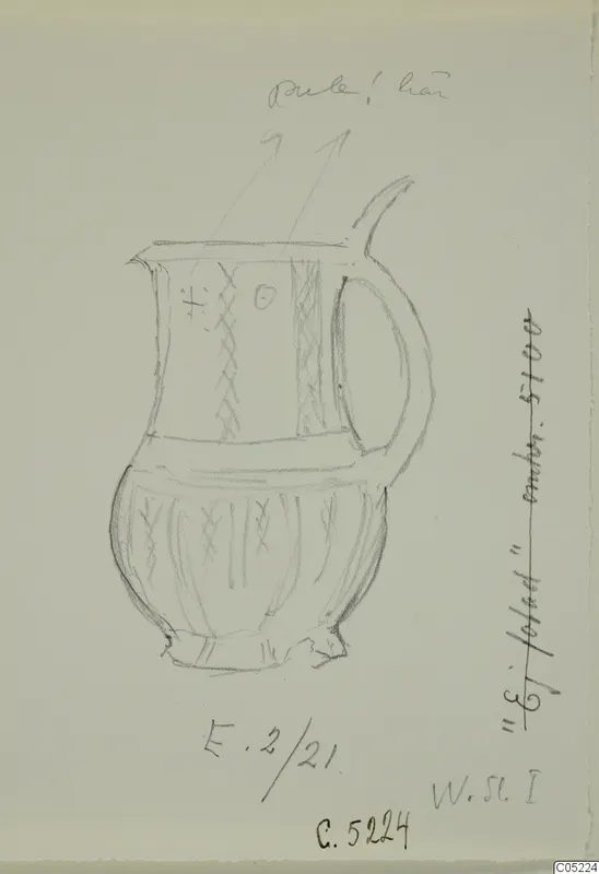 Pencil drawing of a White Slip Ware jug with a loop handle and cross-hatched bands, from Enkomi