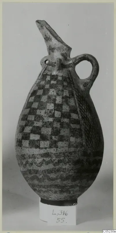Pottery White Painted III-2 vessel: a pear-shaped jug with a beaked spout, loop handle and checkerboard and wavy painted bands.