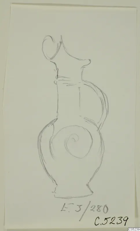 Pencil drawing of a Base-Ring Ware vessel with a spiral motif on the body