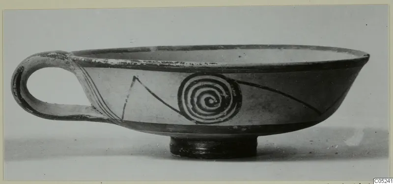 Shallow bowl with a single loop handle and painted spiral decoration, from Enkomi