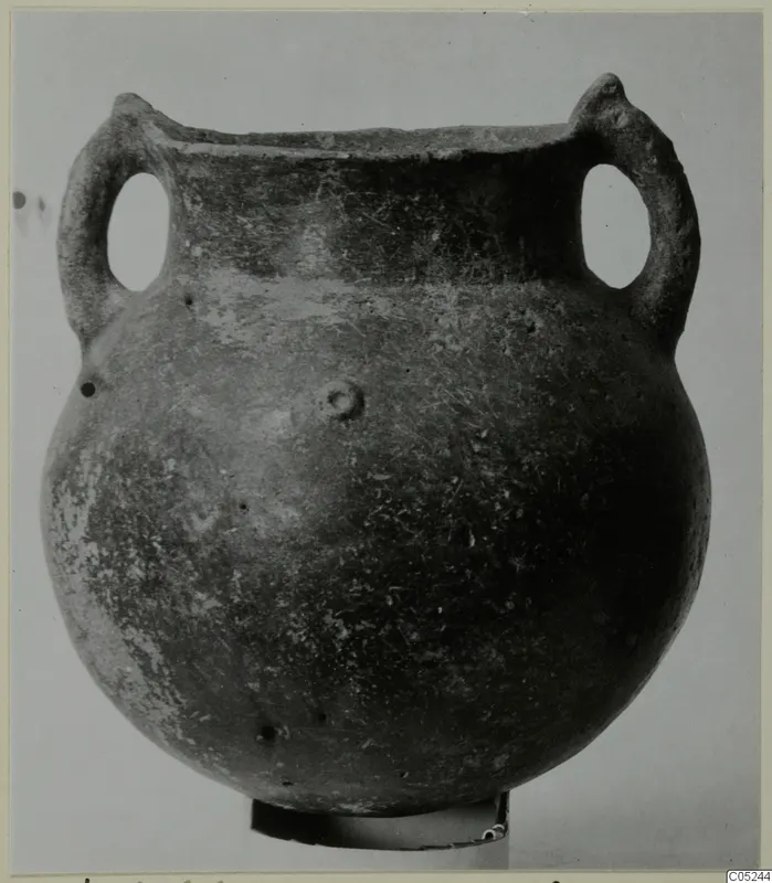 Round-bodied pottery vessel with two loop handles and a dark slipped surface, shown on a small stand.