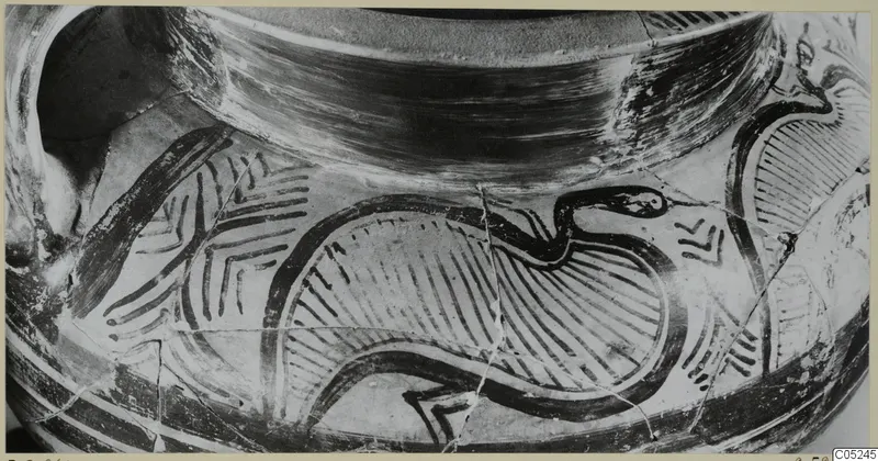 Close view of the painted upper body of a pottery amphora-crater, with a dark long-necked motif and hatched bands