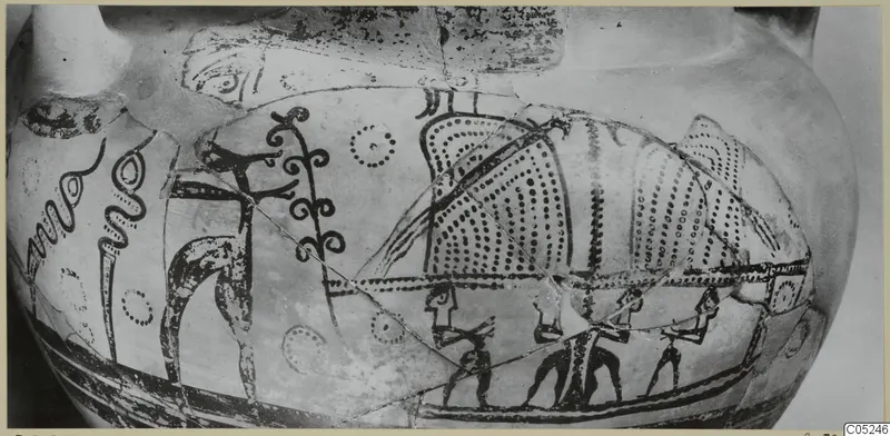 Painted amphora-crater from Enkomi, with a dotted boat-like shape and small figures in dark paint on a pale ground